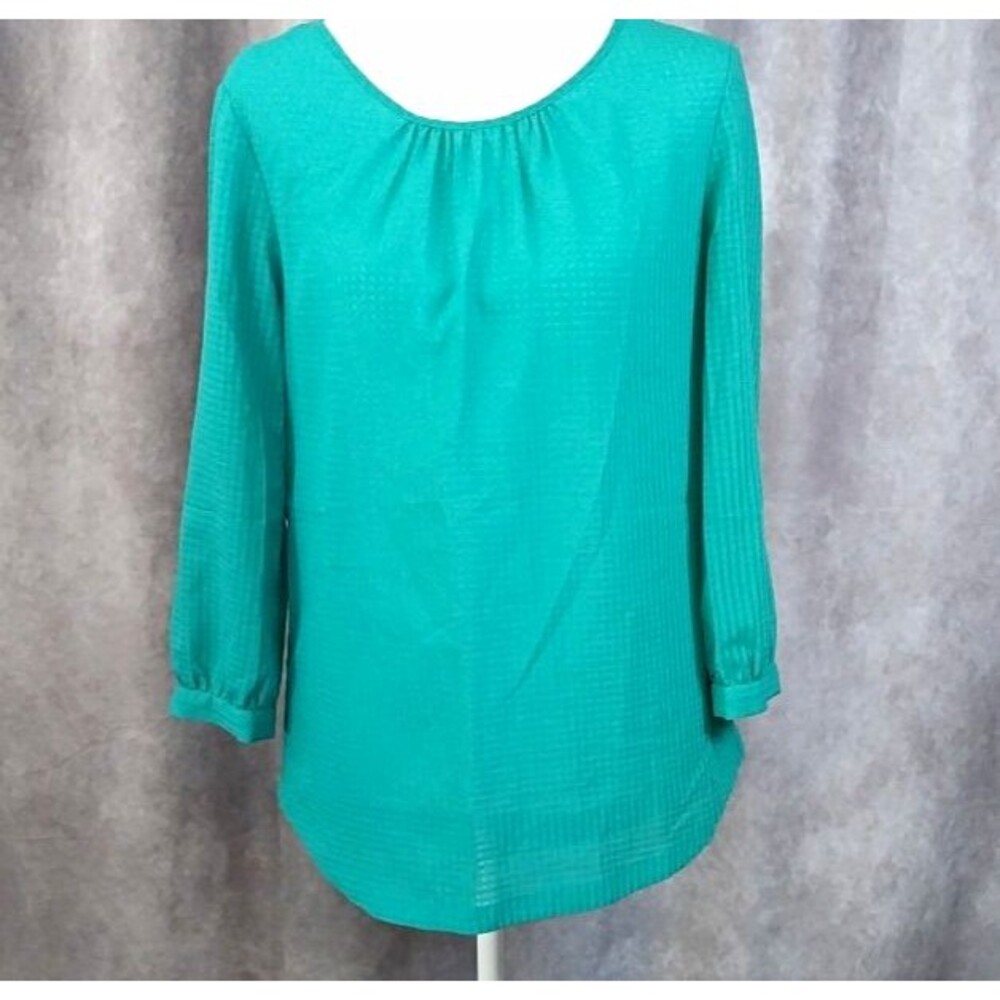 J.CREW Green Check Woven Polyester Scoop Neck 3/4 Sleeve Blouse Womens XS